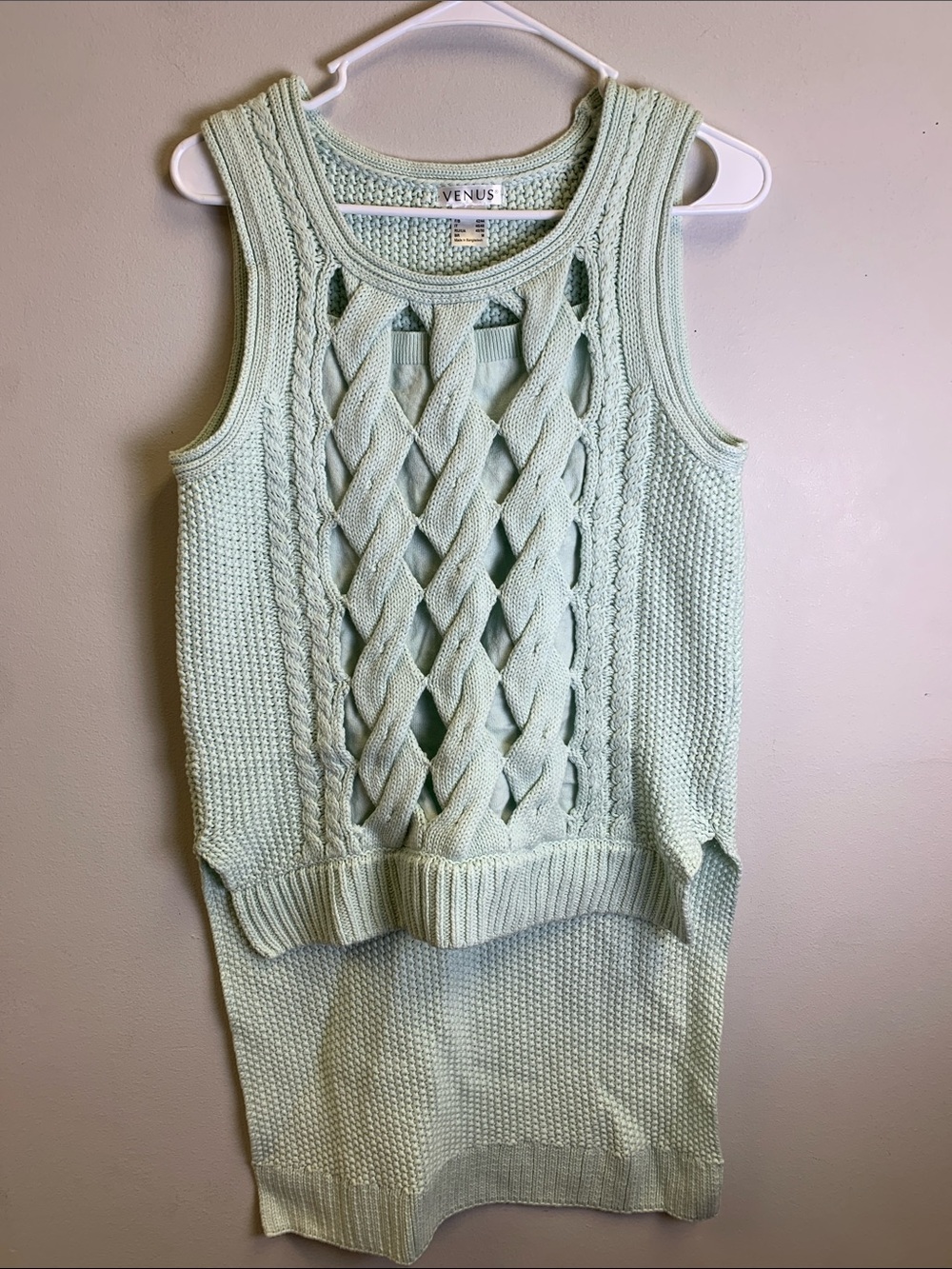 VENUS Mint Open-Lattice Cable Knit Sleeveless Top